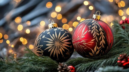 Fototapete - Christmas ornaments in red and black displayed on a festive background with sparkling lights, evoking warmth and celebration