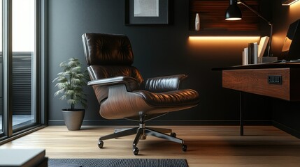 Canvas Print - Dark brown leather chair in a modern study room, accented by wooden floors and a sleek desk.