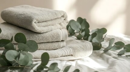 Wall Mural - Stacked soft beige towels with eucalyptus leaves on a white fabric.