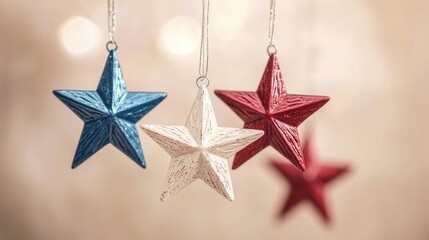 Fototapete - Decorative hanging stars in red, white, and blue creating a festive patriotic atmosphere on a soft, neutral background
