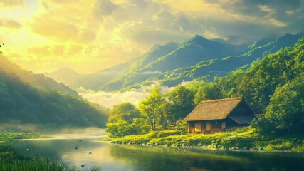 Aufkleber - Seamless Looping Anime Style River Valley with Traditional House, Green Hills, and Golden Sunset. Peaceful Nature Animation