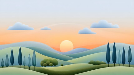 Wall Mural - A Charming Landscape with Colorful Trees and a Bright Sun in a Minimalist Style