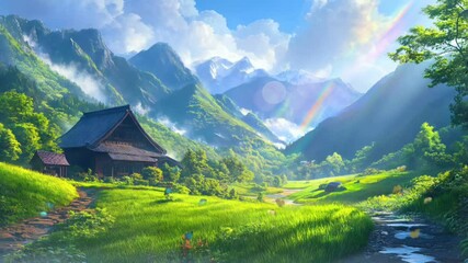 Aufkleber - Seamless Looping Anime Style Mountain Valley with Traditional House, Rainbow, Green Meadows, and Sunlight. Tranquil Nature Animation