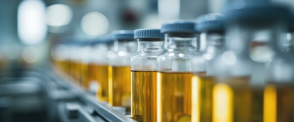 Wall Mural - conveyor belt of amber glass vials filled with liquid medicine in pharmaceutical factory setting