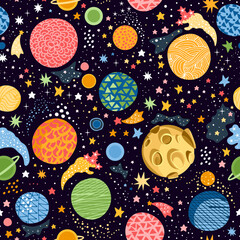 Wall Mural - Seamless pattern with various colorful planets, stars and comets