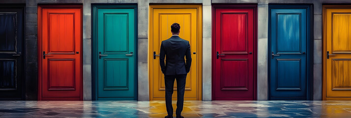 Poster - businessman in front of multiple doors of diverse colors as symbol for different opportunities. Generative ai