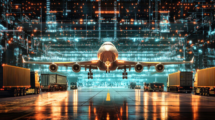 Wall Mural - Large airplane soaring over bustling airport with neon digital overlay in a cinematic view of freight transportation