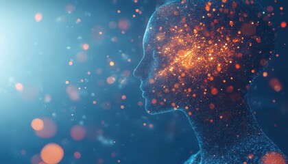 Poster - Abstract glowing particles form a human head profile