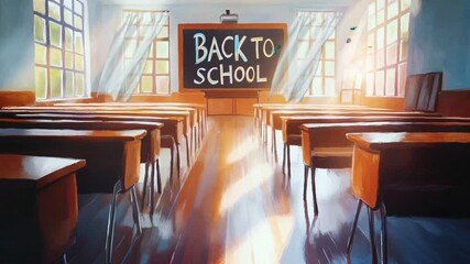 Fototapete - Seamless Looping Anime-Style Classroom Interior with Back to School Chalkboard and Sunlight Beaming Through Windows