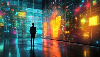 Poster - Man Observing Futuristic Digital Data Walls