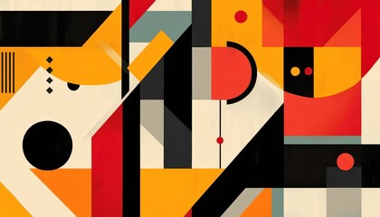 Poster - Abstract Geometric Composition in Red Orange Black and Beige