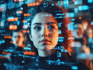 Poster - Woman with digital data overlay on her face