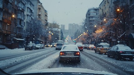 a car driving down a snowy street next to tall buildings and traffic lights at night time with snow falling on the windshield