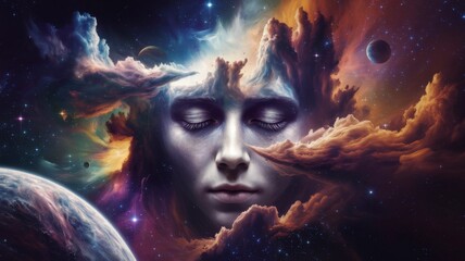 Aufkleber - Cosmic face emerging from nebula clouds outer space digital art cosmic environment surreal viewpoint mystical concept