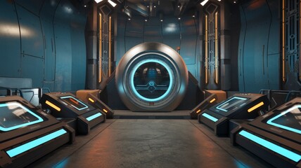 Poster - Futuristic industrial lab a high-tech showcase of advanced technology in a wide-angle digital artwork setting