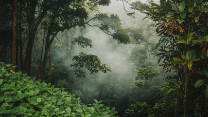 Poster - Lush green forest with tall trees nature scene misty environment tranquil viewpoint organic concept for serenity