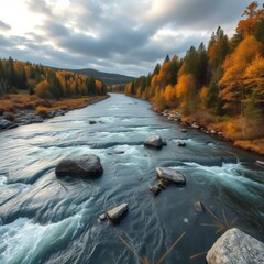 Wall Mural - Wild swedish river in september River landscapes Ultra realistic Photorealistic landscape photographywater travel sky beautiful tourism outdoor