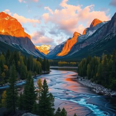 Wall Mural - Majestic mountain landscape, Sunset illuminating peaks, Winding river reflecting golden light, Dense evergreen forest, Dramatic cloudscape, Vibrant orange and blue color palette, Serene wilderness sce