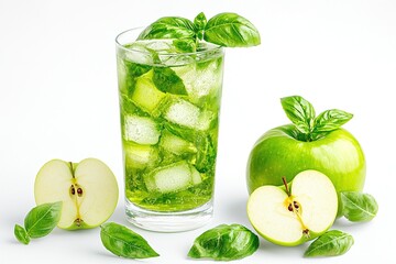 Wall Mural - Apple Basil Mocktail served in a tall glass, filled with vibrant green apple juice, fresh basil leaves, and ice cubes.