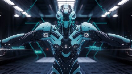 Fototapete - Futuristic robot display high-tech lab digital art sci-fi environment close-up view innovative concept