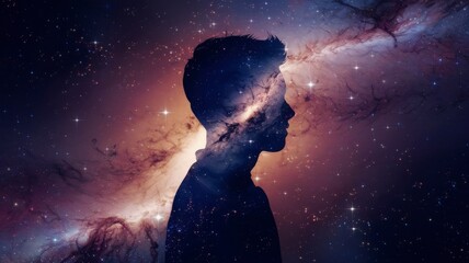 Fototapete - Silhouette of a person with nebulae cosmic dreamscape digital art creative space profile view exploration of identity
