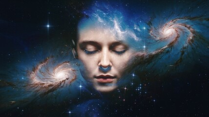 Aufkleber - Surreal cosmic portrait of a human face blending with galaxies in space digital art mystical environment artistic viewpoint