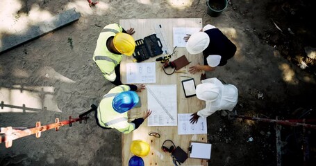 Poster - architecture, meeting and planning with construction worker team on building site from above. collab