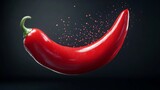 A vibrant red chili pepper floating with spice particles in the air.