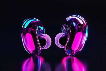 Aufkleber - A pair of sleek wireless earbuds glowing in neon colors against a dark background.