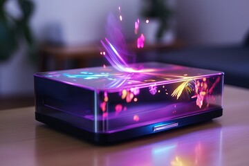 Poster - A portable projector casting a sharp, holographic 3D image on a blank wall.