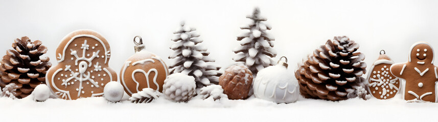 Wall Mural - burning christmas candles, gingerbread pieces and cones on snow covered ground and white background 