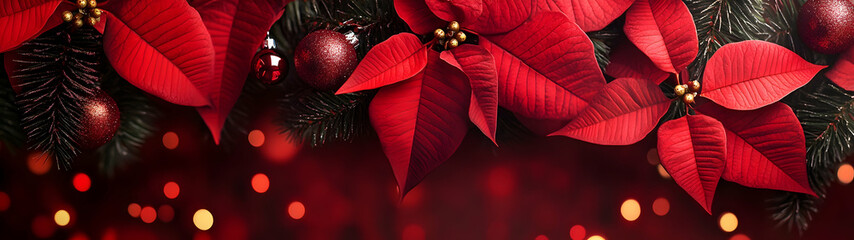 Wall Mural - Abstract background with red Poinsettia leaves. Horizontal composition, banner.