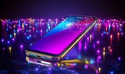 Poster - Futuristic smartphone showcasing a sleek design, vibrant holographic display, advanced technology, and intuitive user interface.