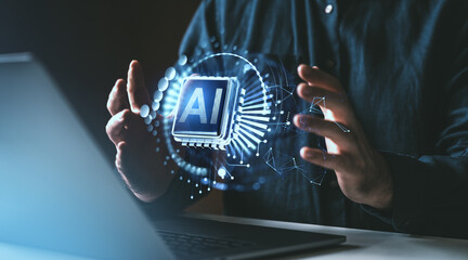 Fototapete - Close-up of hands surrounding glowing AI chip hologram.