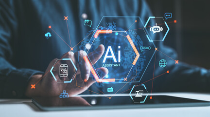 Fototapete - Interactive holographic interface depicting AI assistant features on a digital screen in a futuristic style.