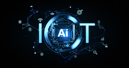 Aufkleber - Futuristic IoT and AI concept with glowing blue text and icons on a dark background. 3D Rendering
