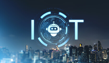 Poster - IoT concept with a glowing holographic robot icon over a futuristic city skyline at night.