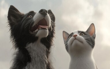 Wall Mural - A dog and a cat are standing next to each other, looking at the camera