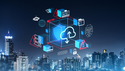 Poster - digital cloud storage icons over cityscape with illuminated skyscrapers at night in bangkok, represe