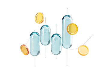 Poster - Abstract 3D Chart Representation with Transparent Capsules and Golden Coins on White Background. 3D Rendering