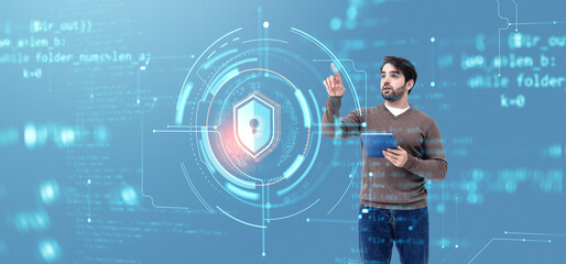 Aufkleber - Cybersecurity professional analyzing a futuristic digital interf