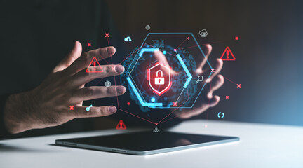 Poster - Hands surrounding a digital padlock hologram with cybersecurity symbols on a tablet screen.