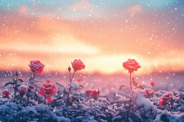 Sticker - Field of flowers in snow at sunset