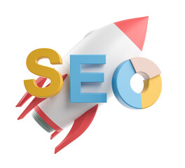 Poster - SEO rocket with colorful text and pie chart illustration, symbolizing digital marketing growth and optimization on a white background. 3D Rendering