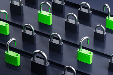 Poster - Green and gray padlocks with open and closed mechanisms on dark surface. 3D Rendering