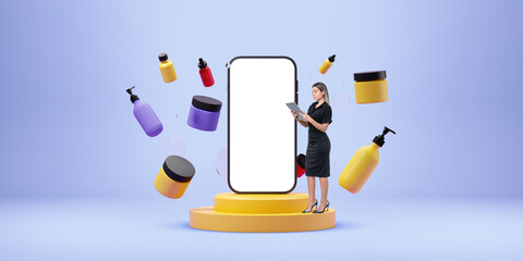 Poster - Smartphone mockup on yellow podium with floating cosmetic bottle