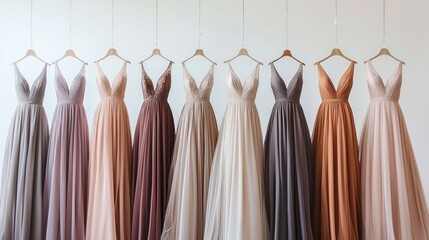 Poster - A stunning arrangement of mocha and neutral gowns hangs gracefully, emphasizing elegant lines and modern styles perfect for celebrations