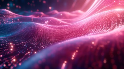 Poster - Futuristic particle mesh background with glowing nodes and flowing connections.