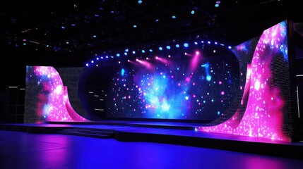 Poster - Futuristic stage backdrops with interactive elements and digital integration.