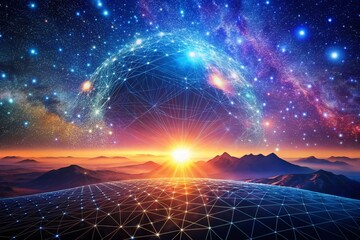 Poster - Abstract Landscape in Silhouette with Cyberspace Grid on a Dark Background, Featuring a Starry Outer Space Texture in 3D Illustration, Perfect for High-Tech Network Concepts